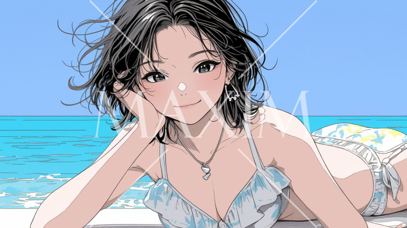 南国の海岸にビキニ姿でいる若い女性