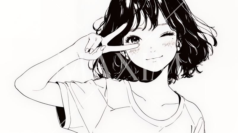 アイドルのように顔の横でピース＋ウィンクしている若い女性（シンプルな色使い）