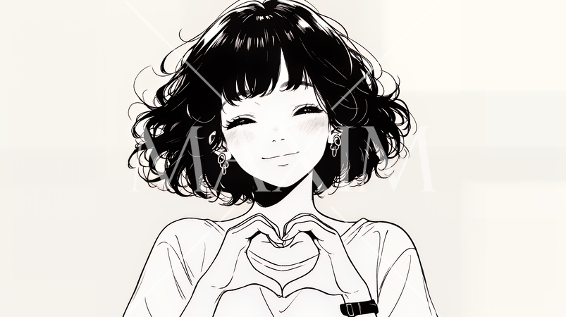 ハートマークを手で作り愛情表現をしている若い女性（シンプルな色使い）