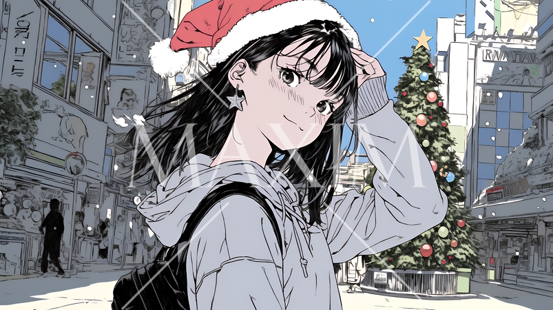 ホワイトクリスマスの街を歩く若い女性