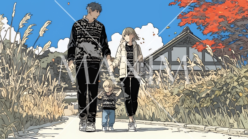 仲の良い家族：父親、母親、その子どもが仲良く連れ立って歩いている