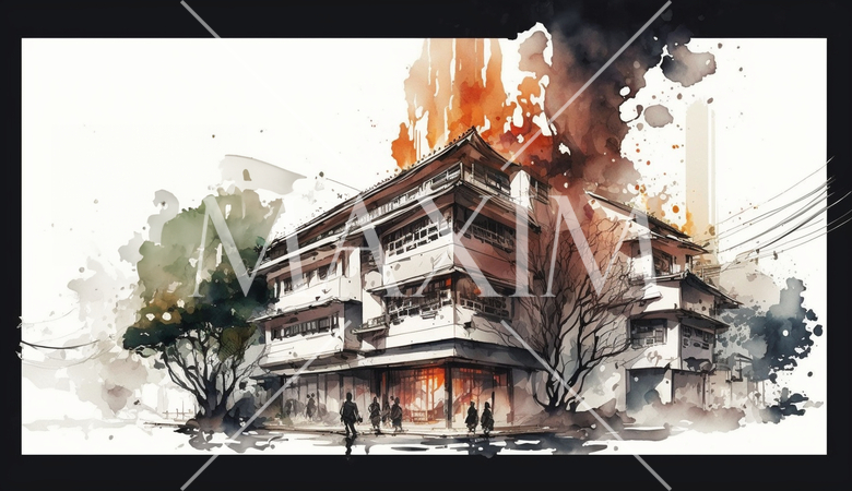 老舗温泉ホテルの火事：水彩画