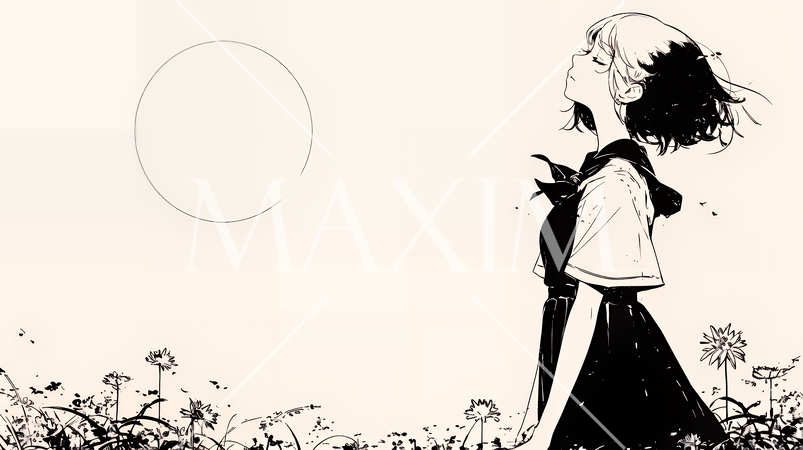 月見をしている若い女性（シンプルな色使い）