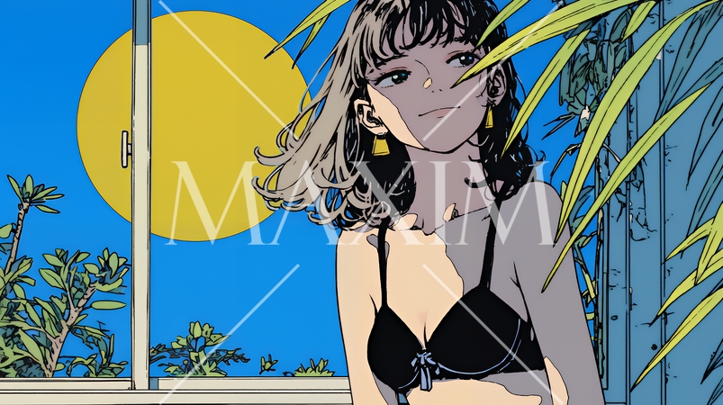 下着姿で部屋から月見をしている若い女性