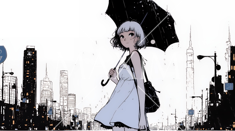 雨の中を歩く女性（シンプルな色使い）