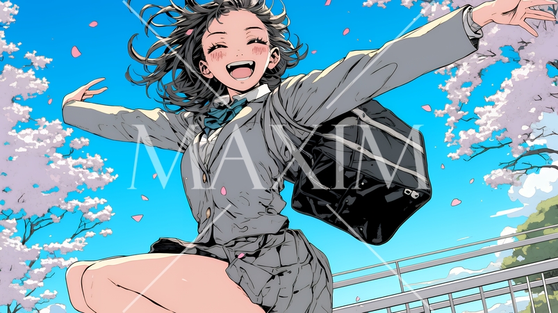 嬉しさのあまり飛び跳ねる制服姿の女子高生