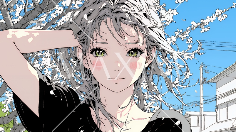 満開の桜の下、春風に乱れた髪を整える若い女性