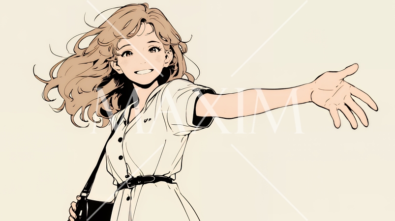 両手を広げて歓迎・驚きの仕草をしている若い女性（シンプルな色使い）