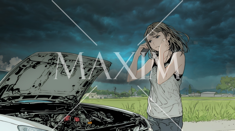 ドライブ中の車の故障・事故・トラブルで困っている女性（悪天候編）