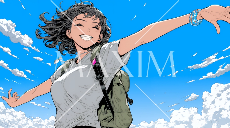 両手を広げて喜んでいる陽気な若い女性