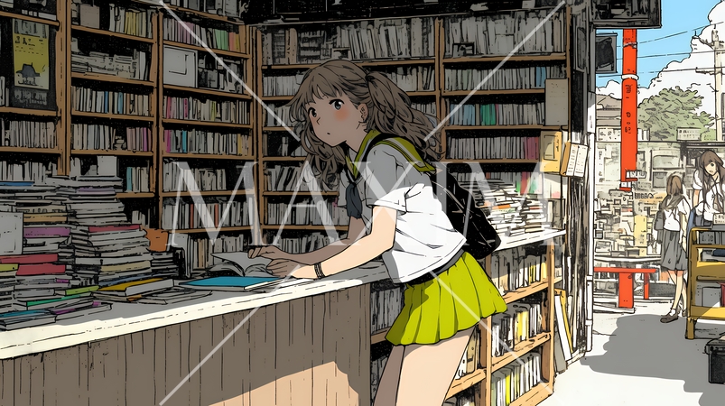 書店で本を選ぶ女子高生