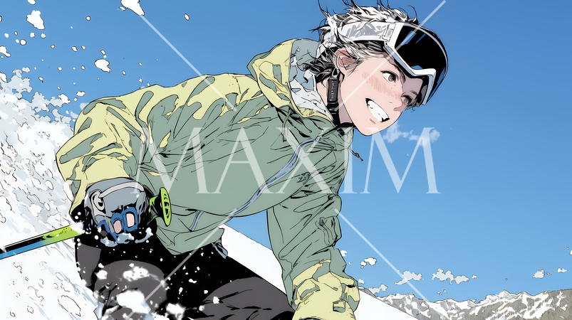 スキーを楽しんでいる若い女性