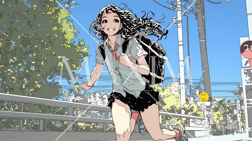 学校に遅れそうで道を急いでいる女子高生