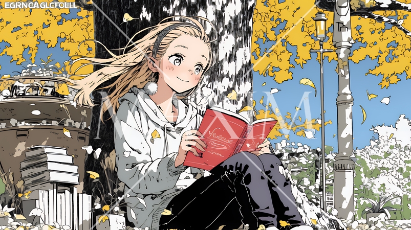 読書の秋：紅葉の木の下で本を読んでいる若い女性