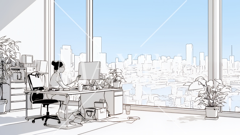 職場のデスクでパソコンに向かって仕事をしているビジネスウーマン（シンプルな色使い）