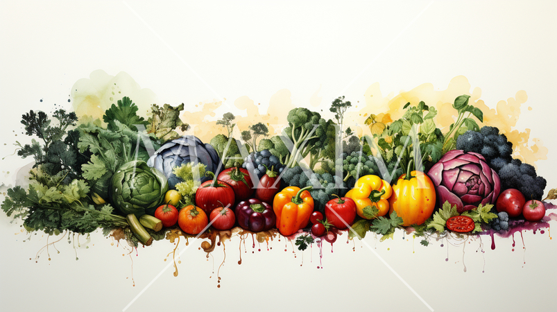 色とりどりの野菜と果物の背景画像：水彩画