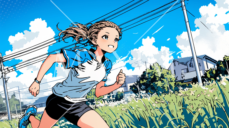 夏の青空の下、全力で走る若い女性