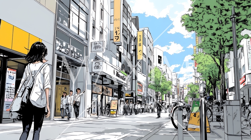 晴れた日に東京の商店街を歩く