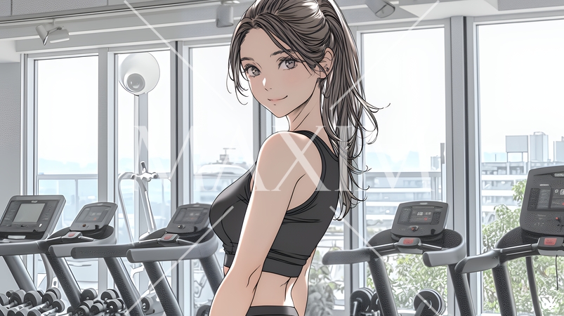 休日にジムで軽く運動する若い女性