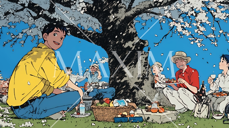 満開の桜の下で仲間たちと花見宴会