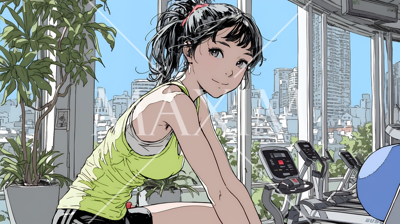 休日にジムで軽く運動する若い女性