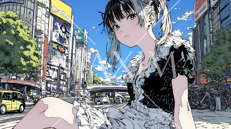 ハロウィン：ゴシックロリータファッションで町を歩く若い女性