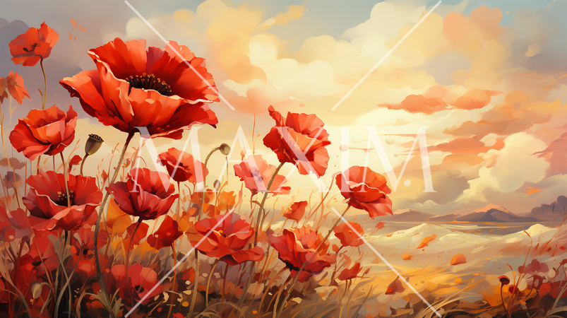 夕暮れ時のポピー畑