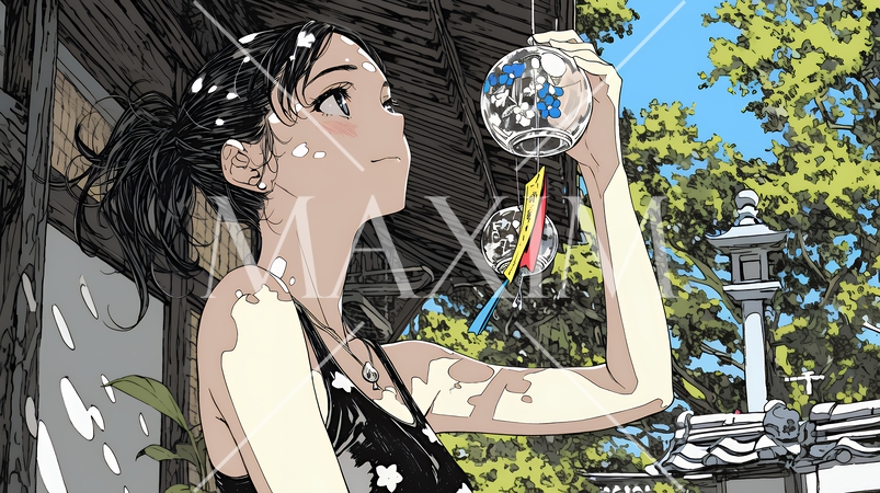 風鈴の音色を聞いている若い女性