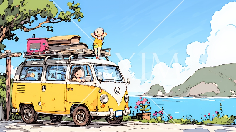 小学生の夏の思い出：ドライブ（クレヨン＋水彩画風）