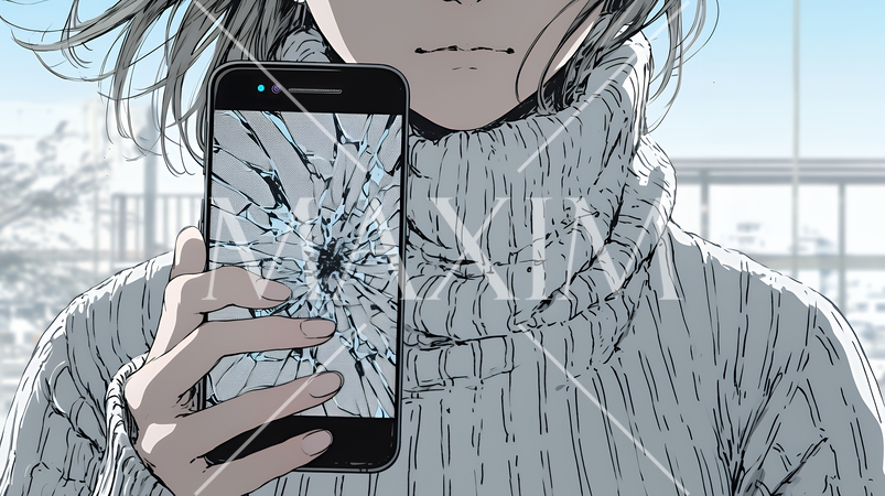 画面が激しく割れているスマートフォンを手にしているいる若い女性