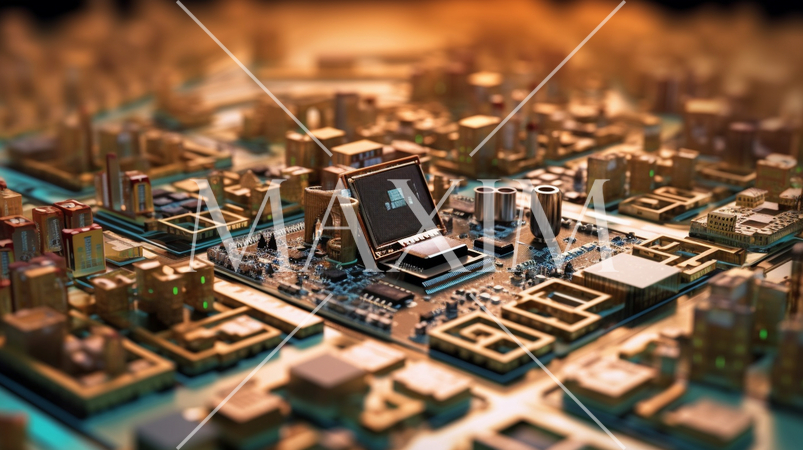 コンピュータ基板を擬似的に街並みに見立てたイメージ背景画像：精緻CG画像