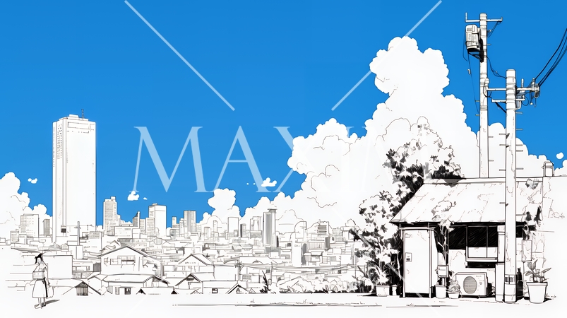 若い女性が佇む都市の街角（シンプルな色使い）