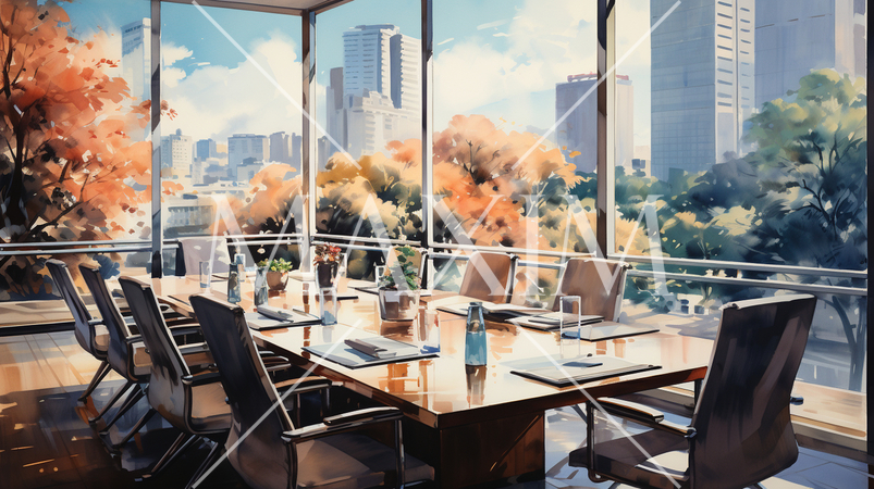 景色が良好な会議室：水彩画