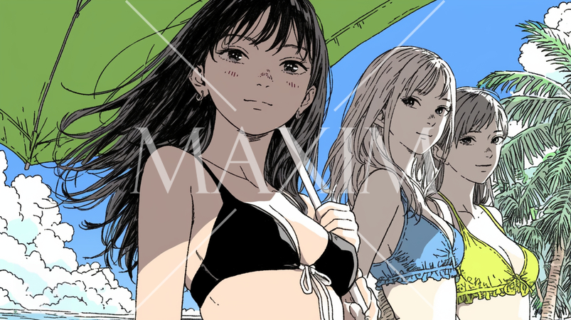 仲の良い友達同士で南国の海岸にビキニ姿でいる若い女性たち