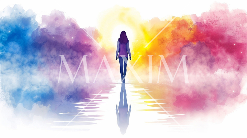 自由平等な未来：女性が虹色に輝く道をまっすぐに歩いている