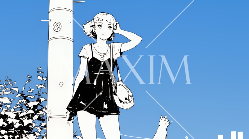 若い女性が佇む都市の街角（シンプルな色使い）