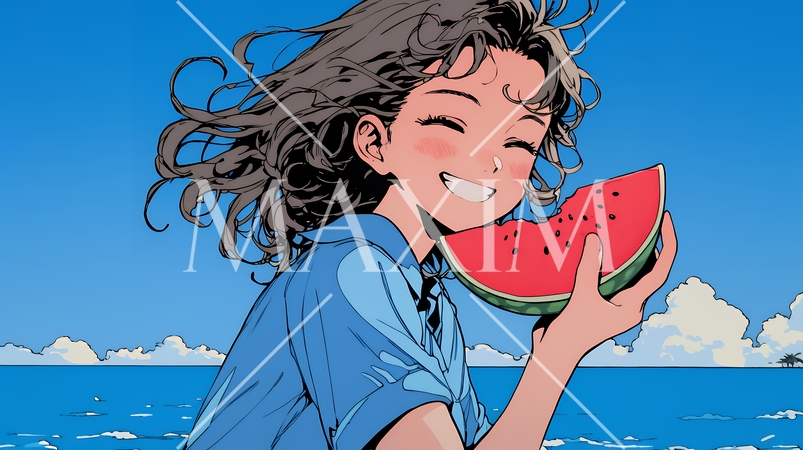 スイカを海辺て食べている若い女性