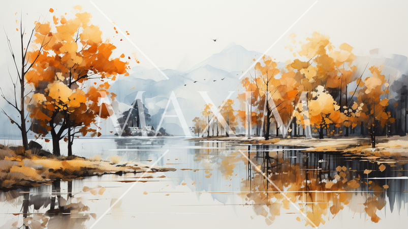 木々の紅葉が水面に映る美しい水辺の風景：水彩画