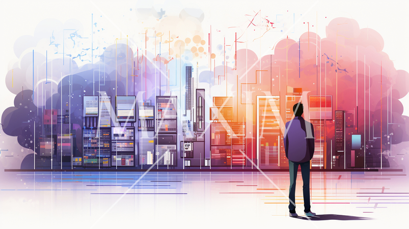 ビッグデータとAI：データ解析、AIが洞察を得る、データセンターの様子。