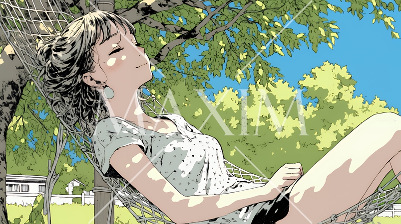のんびり・ゆったり：夏の昼下がり木陰のハンモックで寛いでいる若い女性