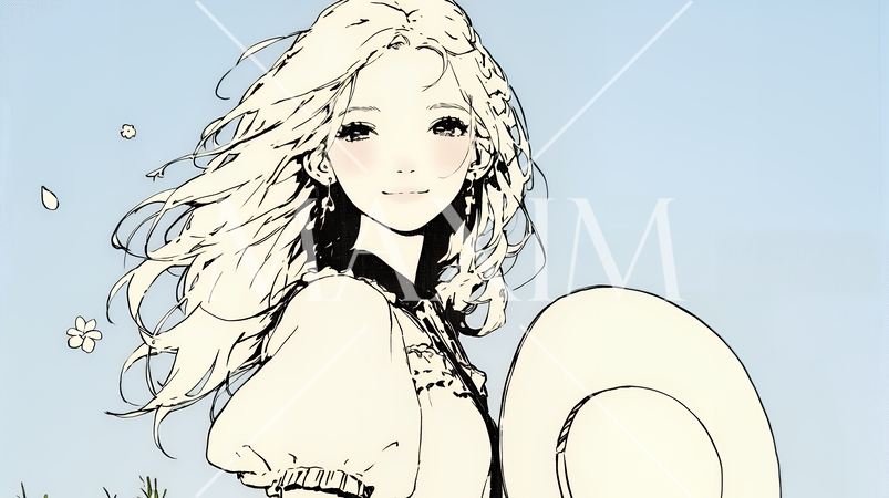 春風に飛ばされそうな帽子を、手で押さえる若い女性（シンプルな色使い）