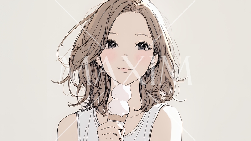 夏空の下でソフトクリーム（コーンに乗ったアイスクリーム）をたべる若い女性（シンプルな色使い）