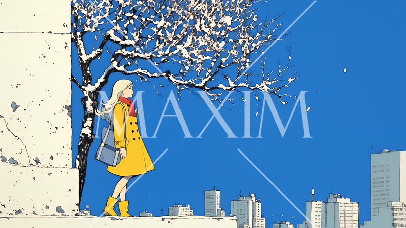 冬枯れの郊外の道を歩く若い女性