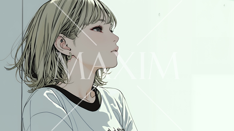 白い壁に向かって考え事をする若い女性