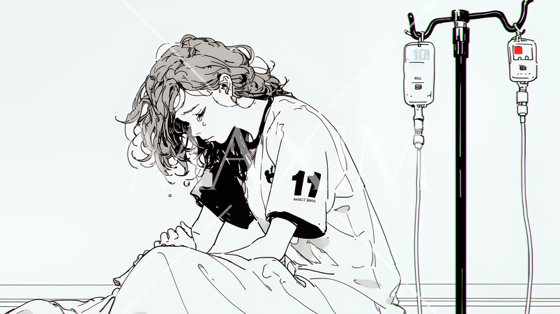病院のベッドに腰掛けて気落ちしている女性（シンプルな色使い）