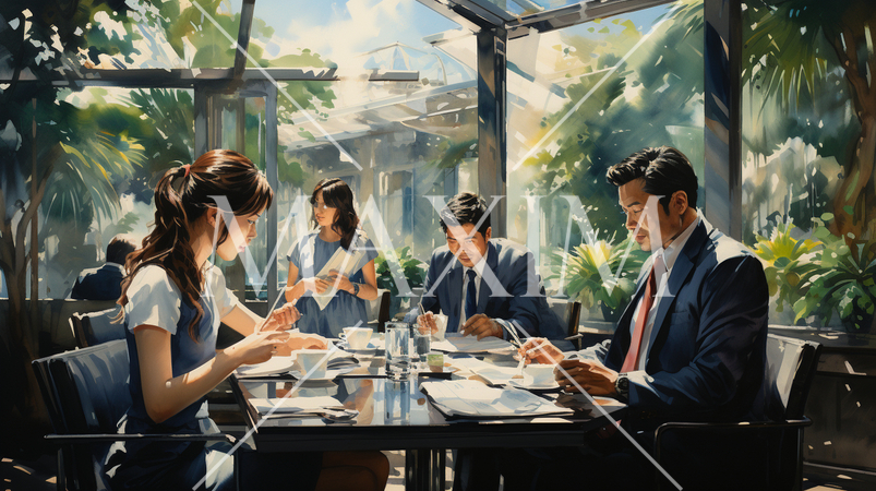 オフィス外で会議をしている女性と男性：水彩画