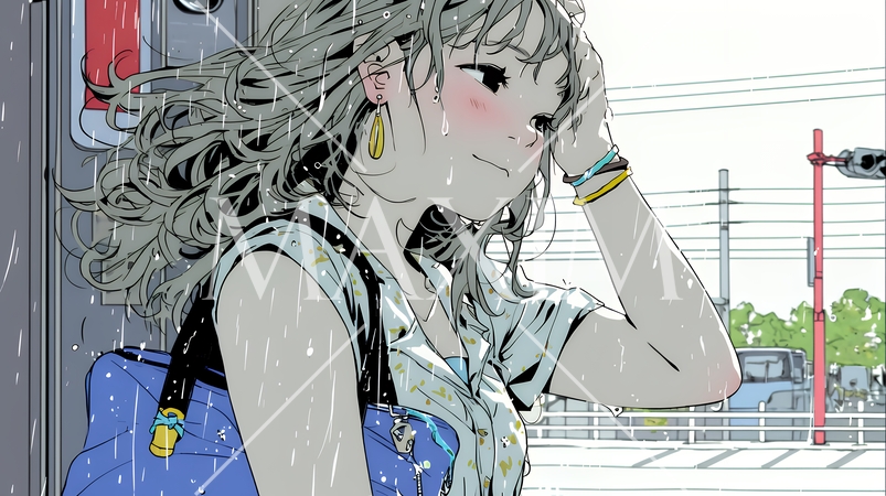 夏の急な雨でびしょ濡れの若い女性