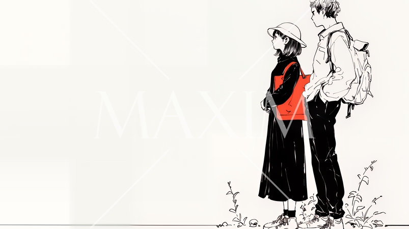 希望に満ちたライフスタイルを過ごす若いカップル：未来を見つめている（シンプルな色使い）