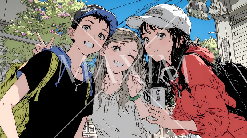 スマホで自撮りしている若い女友達