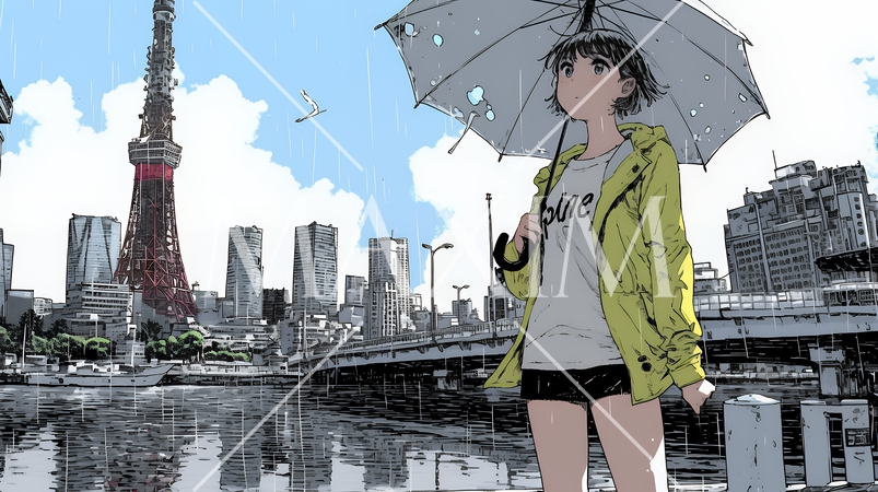 雨の中を歩く女性と都会のランドスケープ